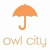 Pixelated orange umbrella with curved handle above pixelated text reading 'owl city' on white background.