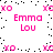 Pixelated pink text and symbols on white background with scattered black dots, repeating 'Emma Lou' and 'xo'/'xcxo' patterns.