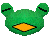 Green pixelated frog head with orange mouth and black eyes, displaying multiple facial expressions