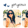 A static icon shows a person with long dark hair and sunglasses holding a small object, with two blue hearts and the word 'gorgeous' above.