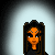 Pixel art of a female character with long dark hair, orange skin, and blue eye accents under light blue gradient backgrounds.