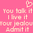Pink background with pixelated white text repeating phrases and a heart symbol above.