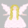Pixelated angel figure with long blonde hair, white dress, and wings holding red hearts against gray background.