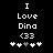 Black background displays white pixelated text "I Love Dina <33" with five heart symbols below, where the third heart shifts from white to gray between
