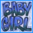 Animated contact sheet of a 'BABY GIRL' text icon with blue and green gradient lettering, small heart symbols appearing in different frames on the right side.