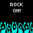 Pixelated animation frame showing repeated "ROCK ON!" text above turquoise crowd silhouettes on black background.