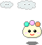 A 4-frame animated contact sheet showing a pixel art character with pastel hair, smiling face, and thought bubble containing bread, set against gray background with floating clouds.