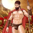 A pixelated image of a bearded man with dark hair wearing a red cape and black loincloth, standing in front of a golden background.