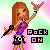 Pixel art contact sheet showing two frames of an animated AIM buddy icon featuring a cartoon woman with long brown hair holding a microphone and making a rock-on gesture, with "Rock ON" text changing color between frames.