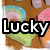 Animated icon shows a brown cartoon character with colorful patches, transitioning to a stick figure holding a sign reading 'Lucky Lewser' above blue stick figures.
