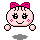 Pixel art character with pink bow, round face, and blush marks in three expressions: smiling eyes open, X-eyes closed, and X-eyes with arms crossed.