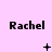 Pixelated text "Rachel" repeated three times on a light pink background with animated symbols changing below each instance.