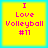Four identical yellow square icons with cyan borders display pink pixelated text reading "I Love Volleyball #11" in a
