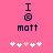Pink background with dark blue text 'I @ matt' and five white/pink heart icons below, where the second and fourth hearts change color between frames.