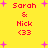 Yellow background with red text 'Sarah & Nick <33' and pink star shapes, two identical static views side-by-side.