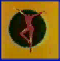 Animated sequence of a red figure in dynamic poses against dark green circular background on yellow field, transitioning through multiple acrobatic positions.