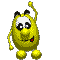Six pixelated yellow cartoon characters with white foreheads, black eyebrows, and red mouths in various poses against a gray background.