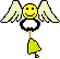 Pixelated angel icon with yellow smiley face, white wings, black ring, and yellow bell on gray background.