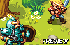 Pixel art scene with two characters: one in blue armor holding a shield and sword, another in red shirt and jeans wielding a sword, set against grassy background with flowers.