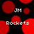 Pixelated red circles on black background with 'JM' and 'Rockets' text in white pixel font, arranged in repeating pattern