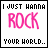 A 4x4 contact sheet of animated frames showing a static text design with changing star decorations, each frame displaying "I JUST HANNA ROCK YOUR WORLD..." in pink and black pixelated font on white background.