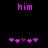 Two identical pixelated images of the word 'him' in pink text above a of five heart symbols on black background, with one central heart changing color between frames