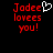 Red pixelated text reads "Jodee loves you!" with a white heart symbol replacing the 'o' in Jodee on one side of a split-screen display.