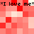 *I love me* text repeated in black pixelated font on a red and white checkered background with alternating light and dark pink squares.