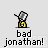Pixelated character with gray helmet and yellow body performs sequential arm movements above text reading 'bad jonathan!' on light gray background.