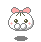 Pixel art character with pink bow, green eyes, and blush marks in four variations showing closed eyes, open mouth, floating hearts, and arm positions.