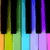 Pixelated image divided into four quadrants: top-left shows rainbow-colored piano keys, top-right displays green text "Music is", bottom-left has vertical cyan letters spelling "LIFE", and bottom-right is solid gray.