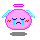Pixelated pink circular character with blue tears, red blush marks, and a small frown on gray background.