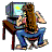 Pixelated figure with long brown hair sits at a desk, interacting with a CRT monitor displaying blue and yellow graphics.