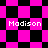 Pixelated image with four instances of the name 'Madison' on a pink and black checkered background, transitioning from square to diamond pattern.