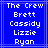 Blue background with white pixelated text listing names in two , framed by light blue lines