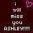 Dark red background with white pixelated text reading "i will miss you ASHLEY!!!!!" and a pink heart symbol above the first line of text.