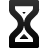 Black and white pixelated hourglass icon with sand particles visible in both upper and lower chambers against a light gray background.