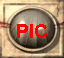 Two identical circular metallic buttons with red 'PIC' text on a beige background, each framed by a square border with a thin red line across the middle.