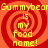 Red and orange spiral background with yellow text repeating 'Gummybear is my food name!' in four quadrants.