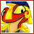 Pixelated cartoon character with yellow body, red mask-like shape covering eyes, blue headpiece, and golden armor details on shoulders and chest.