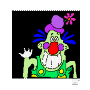 Green-skinned clown with purple hat, blue hair, red nose, and green overalls, waving with one hand against black background.