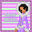Pixel art character in purple hooded outfit with green eyes and black hair, standing against striped background with 'SNOW ANGEL' text.