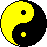 Four black and yellow yin-yang symbols arranged in a on gray background, each with distinct orientation of the inner dots