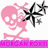Pixelated pink skull with white eye sockets and crossbones, black starburst graphic, and pink text banner at bottom.