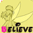 Animated icon features a fairy-like character with large wings and a bun, repeated across a yellow background with 'BELIEVE' text in alternating pink and black letters.