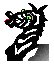 Pixelated dragon head with black and white stripes, red tongue, yellow eyes, blue pupils, spiky mane, gray background, and dark gradient base.
