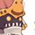 Pixelated cartoon character with orange giraffe-like head, dark blue body, and white piano keys on chest, holding golden object against pink background.