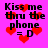 Pixelated text 'Kiss me thru the phone = D' repeated on a bright pink background with red heart shapes, some hearts blurred in motion.