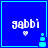 Blue square icon with cyan border displaying 'gabbi' text, small heart symbol below, and animated cyan bottle-like shape changing position across frames.