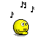 Yellow spherical avatar with simple facial features performing various gestures and poses against gray background, surrounded by floating musical notes.